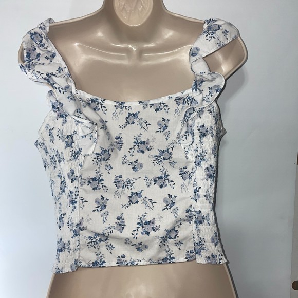 White and blue ruffle shoulder floral printed womens crop  top size xl - Picture 7 of 9